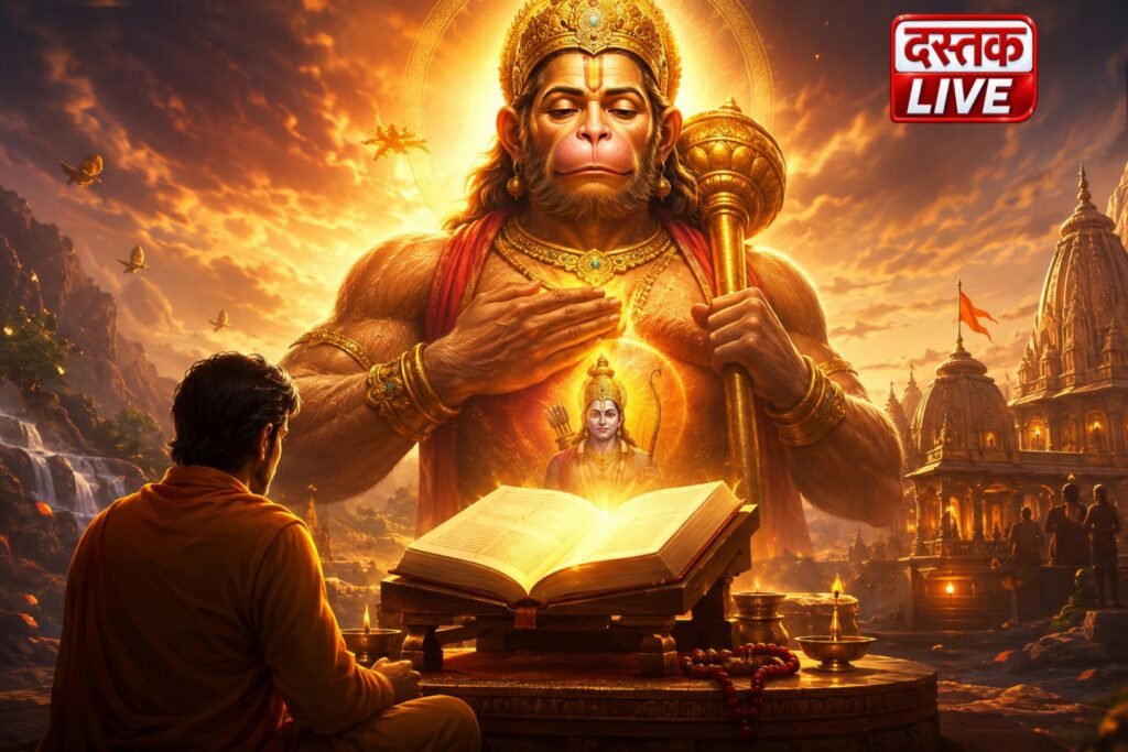 हनुमान चालीसा का इतिहास, मंगलवार का महत्व और 108 बार पाठ का सच बताते हुए भगवान हनुमान की दिव्य छवि